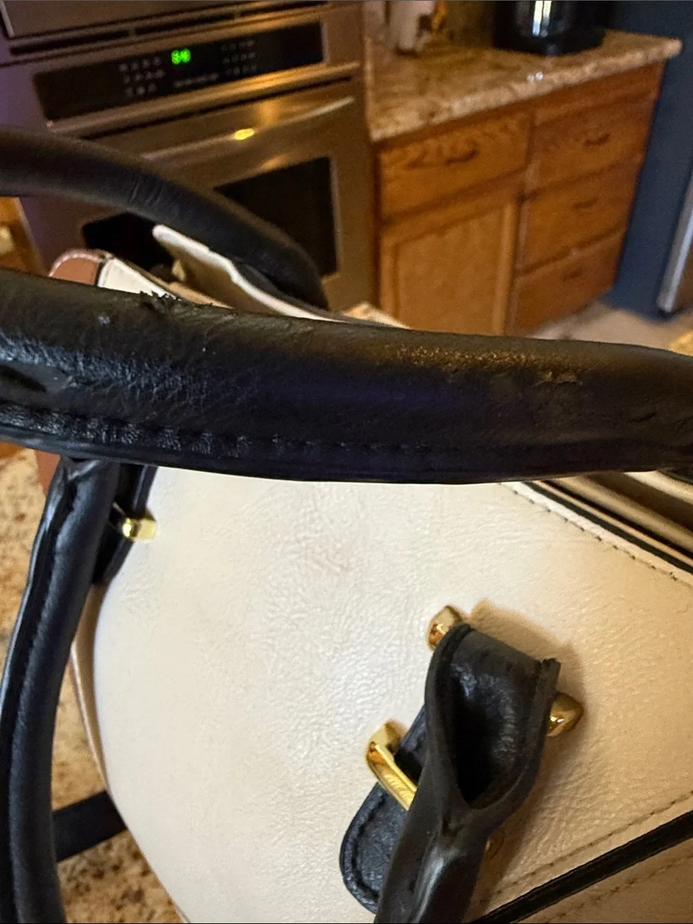Steve Madden Tricolor Leather Satchel - Cream, Brown & Taupe with Black Handle.